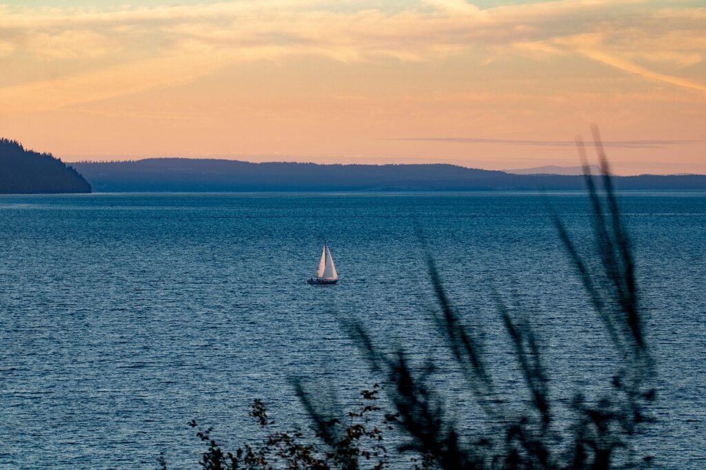 seascape, sunset, sailboat, nature, sea, ocean, islands, washington state