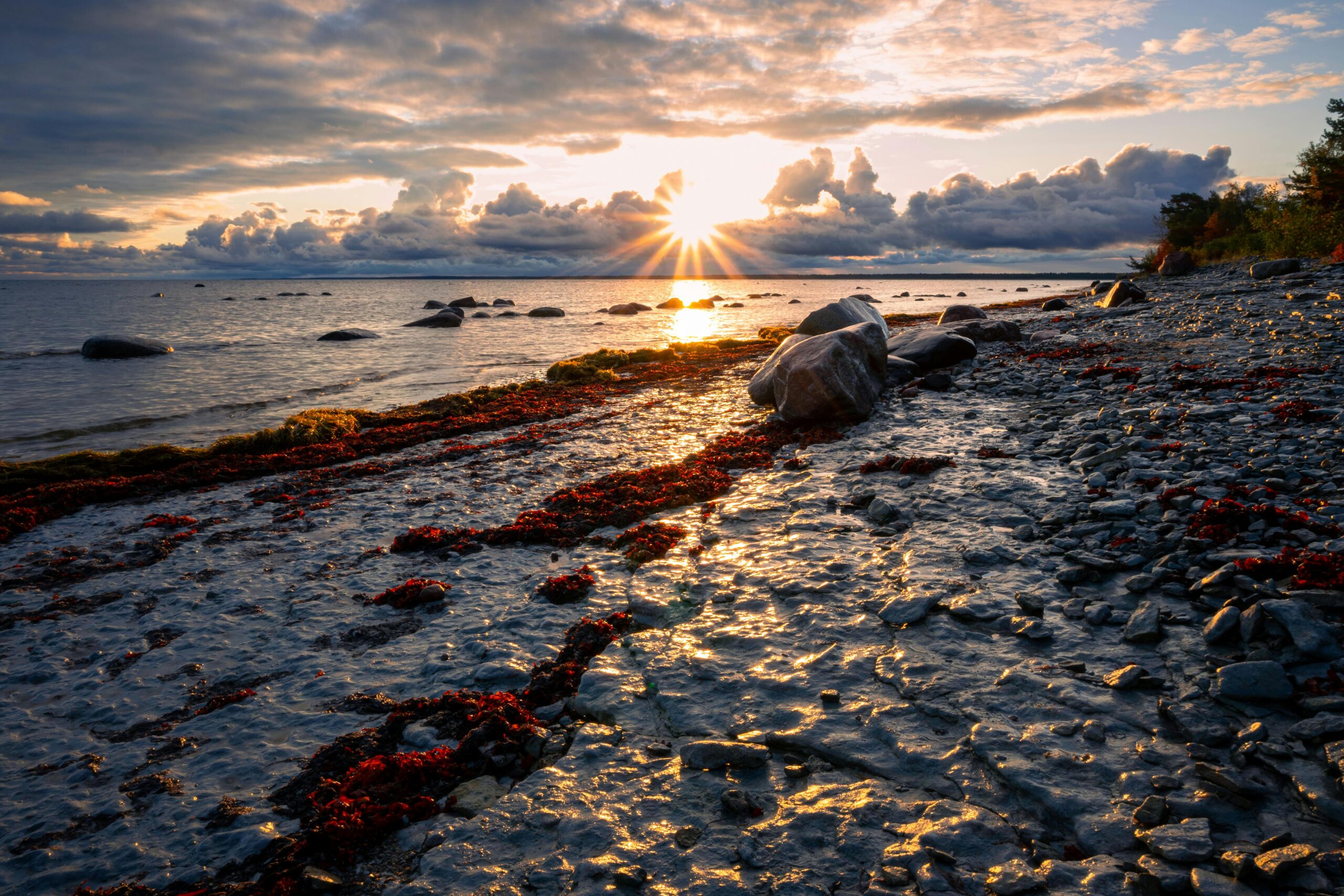 Capture of Estonia's rocky coastline during an autumn sunset with dramatic clouds and reflections.